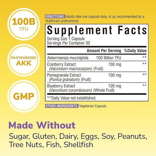Akkermansia Probiotics 100 Billion TFU Pasteurized Akkermansia Muciniphila w/Cranberry Blueberry &amp Pomegranate Digestive &amp Immune Health Leaky Gut GLP-1 Supplement 30 Vegan Capsules