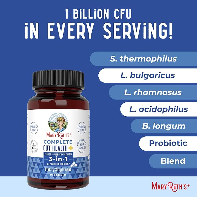 MaryRuth's Complete Gut Health+ Capsules | 5 Probiotic Blend | Butyrate | Corebiome® | Vegan Gut Support | Support Gastrointestinal Health &amp Microbiome | 2 Capsules Daily | 30 Servings