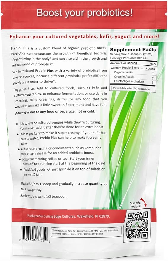 Cutting Edge Cultures Prebio Plus Prebiotic Fiber Powder Best Custom Blend of Organic Prebiotic Fibers Dietary Supplement 8 oz (Prebio Plus 8oz + Vegetable Starter 4 Grams)