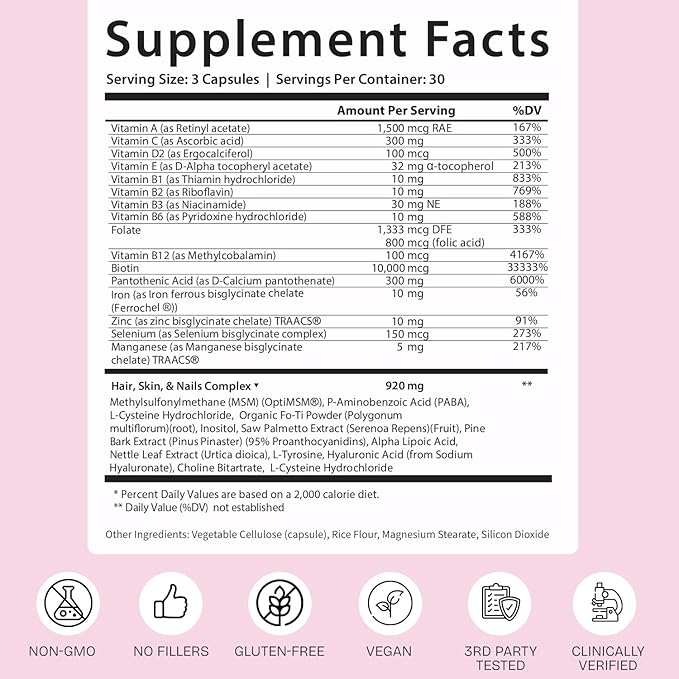 GOBIOTIX Hair Skin and Nails Vitamin Supplement - 10000mcg Biotin Pills with Hyaluronic Acid Folate Iron Magnesium and Zinc - Collagen Production Hair Growth - 60 Servings