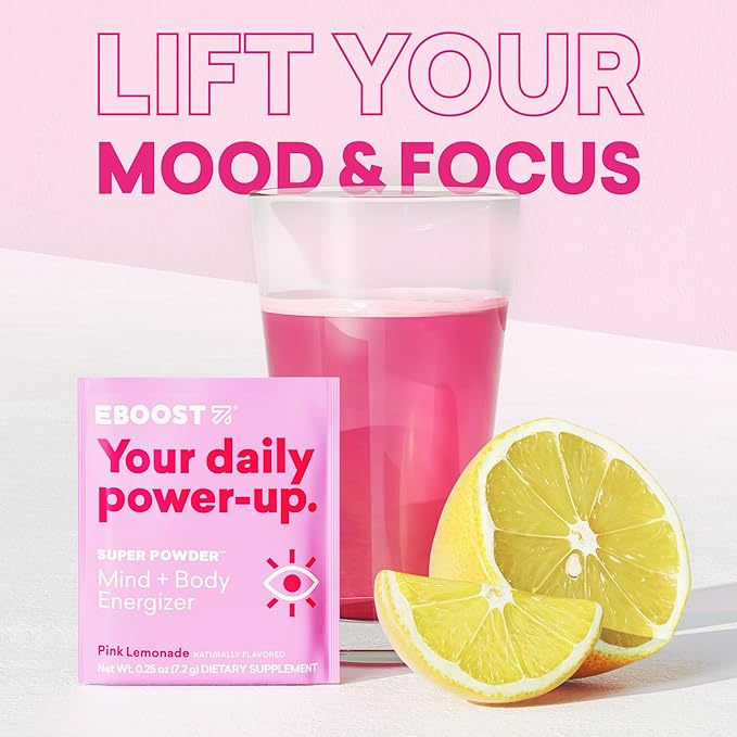 EBOOST Super Powder Drink Mix - Pink Lemonade 0.2 oz 20 Pack Hydration Energizer Electrolytes Powder - 13 Vitamins &amp Minerals - 110 mg Caffeine - 0 Added Sugar - No Artificial Flavors or Sweetener
