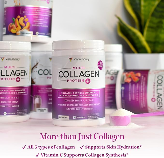 Multi Collagen Peptides Powder for Women - Hydrolyzed Flavored Collagen Powder for Women with Types I II III V &amp X Vitamin C &amp Hyaluronic Acid for Hair Skin and Nails (Peach Mango) - 30 Servin