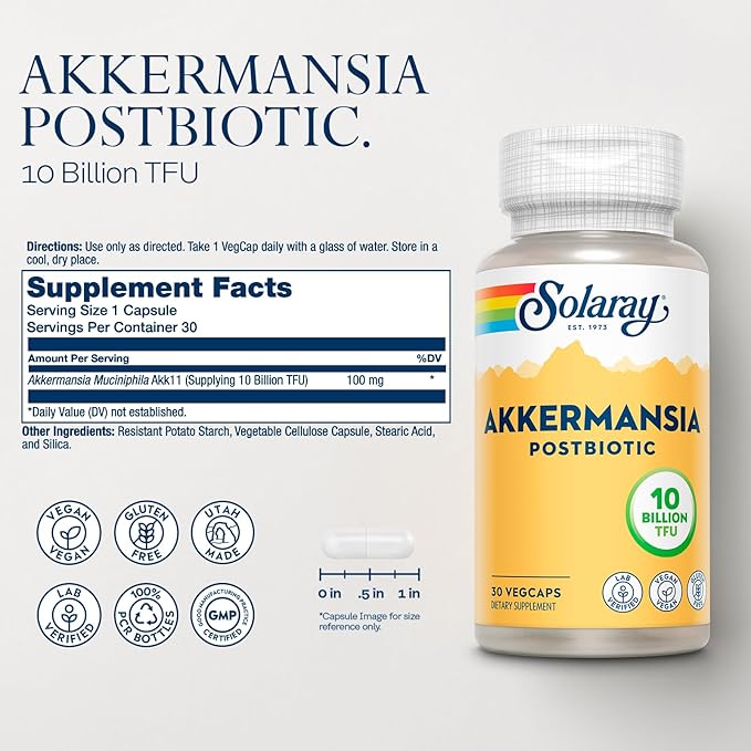 SOLARAY Akkermansia Postbiotic Akk11 10 Billion TFU Beneficial Strain for Gut Health Support Vegan Gluten-Free 60-Day Guarantee 30 Servings 30 VegCaps