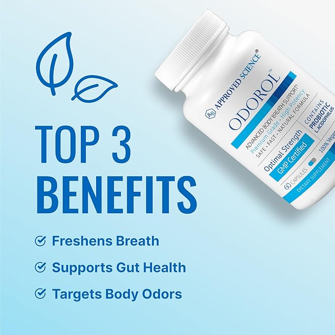 Approved Science Odorol - 60 Capsules - Freshen Bad Breath and Body Odor - Contains L.acidophilus Green Tea Magnolia Bark Peppermint Oil and Fennel - All Natural Vegan Friendly Non-GMO