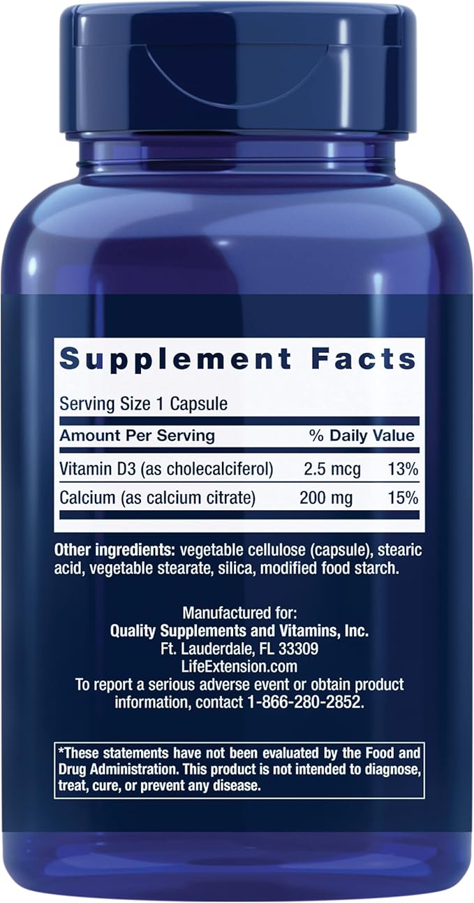 Life Extension Calcium Citrate with Vitamin D Super-absorbable Calcium to Support Optimal Bone Health Gluten-Free Non-GMO 200 Capsules