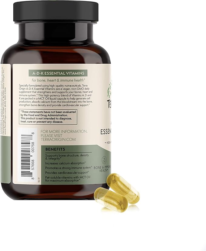 TERRA ORIGIN ADK Essential Vitamin Supplement | 60 Liquid Capsules | High Potency Vitamin A D 5000 IU K1 and K2 | Non GMO Gluten Free Vegan Made in USA