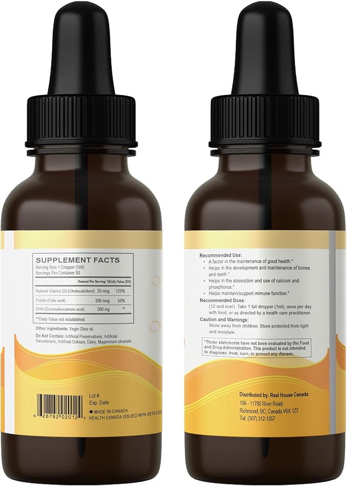 Adults Health Essentials Drops - Liquid DHA Omega 3 Natural Vitamin D3 1000 IU Folate Supplement Supports Heart Brain Eyes &amp Joint Health Supplement for The Whole Family