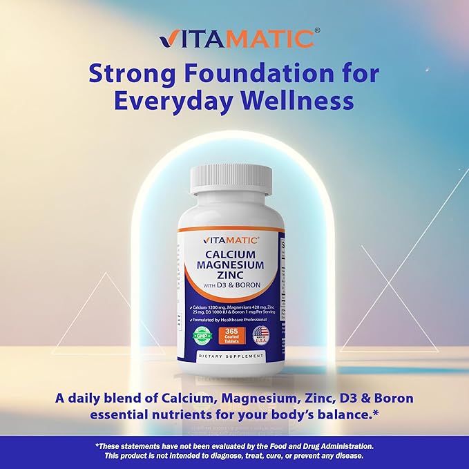 Vitamatic Calcium Magnesium Zinc D3 Boron | 365 Coated Tablets Supplement | Calcium 1200 mg Magnesium 420mg Zinc 25mg Vitamin D3 1000 IU Boron 1 mg | Non-GMO | Gluten Free | Made in USA-2 Pack