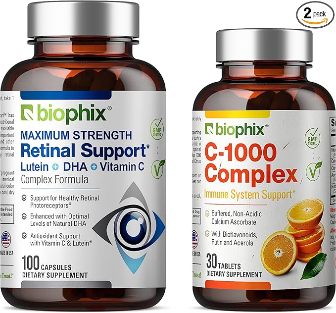 biophix Retinal Support Maximum Strength Complex Formula 100 Capsules - Free C-1000 30 Tablets - Zinc Vitamin C E Lutein DHA Omega-3 Astaxanthin Hyaluronic Acid - Supports Eye Vision Health