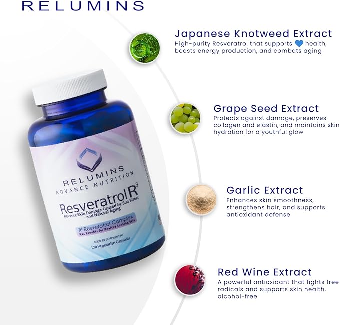 Relumins Resveratrol 600mg Supplement – High-Potency Antioxidant with Grape Seed &amp Red Wine Extract – Supports Skin Heart Health &amp Immune System – 120 Vegan Capsules