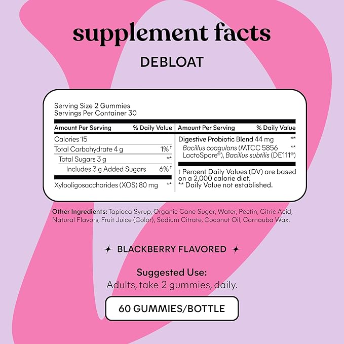 Lemme Debloat - Digestive &amp Gut Health Gummies with 2 Clinically Studied Probiotics &amp Prebiotic Vegetarian Gluten Free Non GMO BlackBerry Flavor (60 Count)