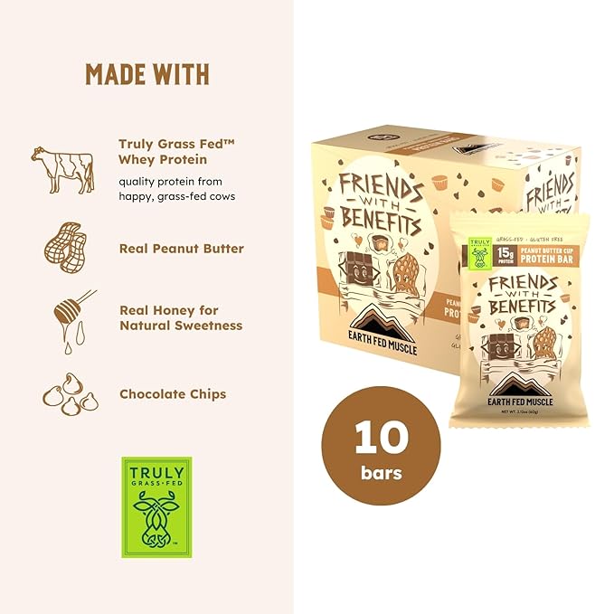 Earth Fed Muscle Friends with Benefits Chocolate Peanut Butter Grass Fed Whey Protein Bars | 15g Protein Snack | Gluten Free Non-GMO All-Natural Peanut Butter Energy | 2.12 oz Bars (10 Count)