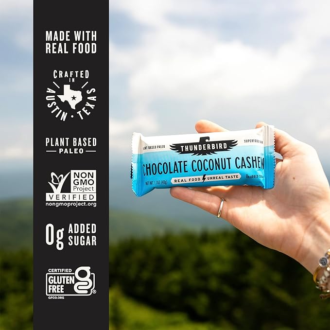 Thunderbird Bars Energy Snack Gluten-Free with Protein Healthy Real Food Vegan Paleo Non-GMO No Added Sugar Chocolate Coconut Cashew Flavor (12 Count 1.7 oz. Bars)