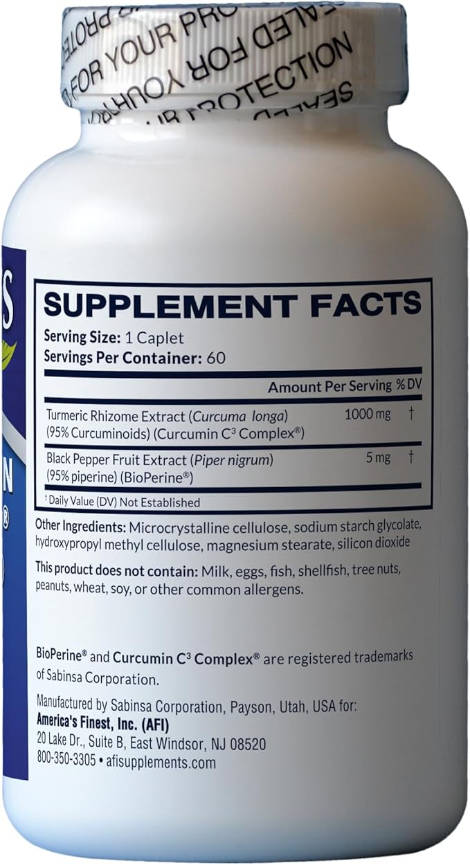 AFI Super Curcumin C3 Complex 1000mg Turmeric 95% no oxalates Black Pepper Extract Max Absorption for Joint Health Vegetarian Gluten-Free Non-GMO