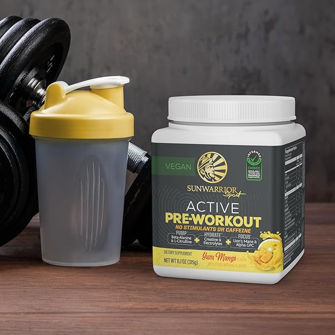 Sunwarrior Pre Workout Powder Energy Drink Non-Stim &amp Caffeine Free | Vegan Plant-Based Supplement | Pump Hydrate Focus Endurance &amp Strength Builder | Yuzu Mango Flavored 30 Serving Active Pre