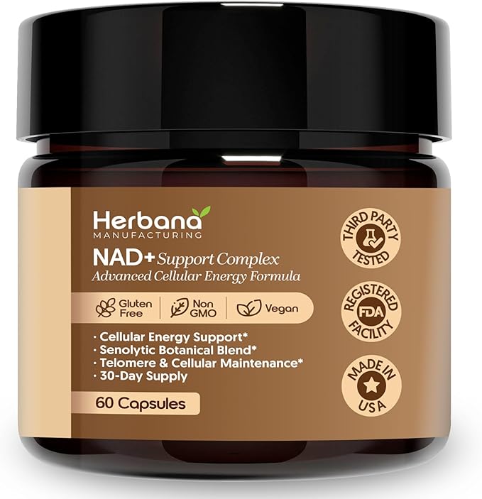Herbana NAD+ Support Complex Advanced Cellular Energy Formula with Nicotinamide Riboside Trans-Resveratrol Quercetin 60 Capsules 30-Day Supply