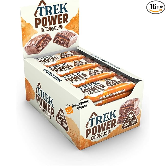 Trek High Protein Power Chocolate Orange 55g (Pack of 16 Bars)- Gluten Free - Vegan Snack