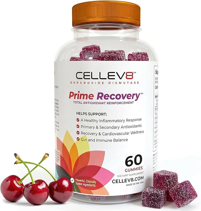 Cellev8 Prime Recovery Joint &amp Muscle Recovery Gummies - 60 Count - Antioxidant Cellular Health Daily Energy Wellness Supplements with SOD Tart Cherry - NSF Sport Formula Raspberry Flavor