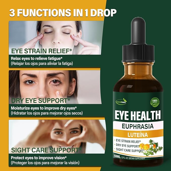 Eyebright Herb Eye Health Drops Bilberry &amp Lutein Liquid Extract Herbal Supplement for Eye Strain Relief &amp Sight Care Support. Euphrasia Officinalis Arándanos Luteína para Los Ojos. 2oz