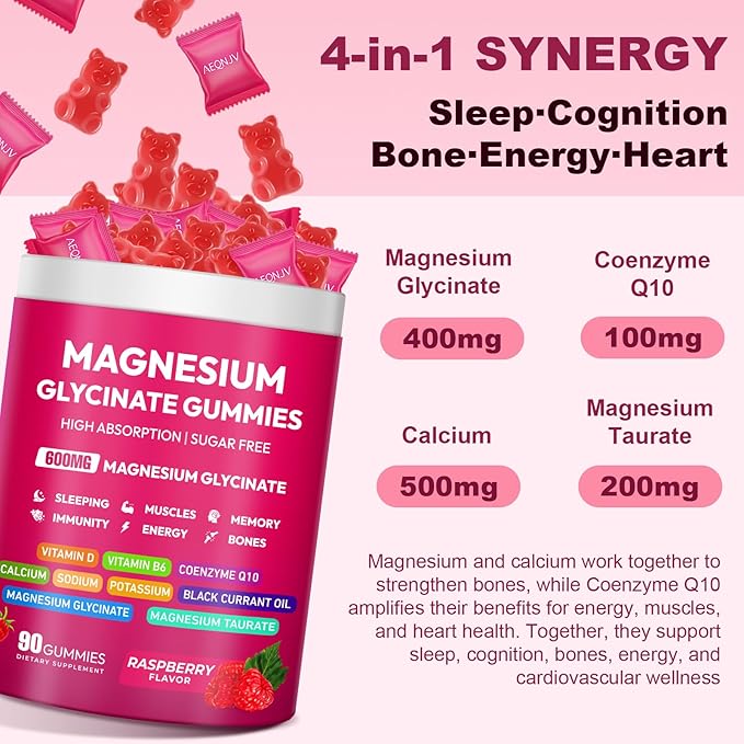 Magnesium Glycinate Gummies 600mg High Absorption Magnesium Complex Sugar Free Chewables Gummies with VitaminD &amp B6 CQ10 for Adults &amp Kids Relaxation Muscle &amp Zzz Support