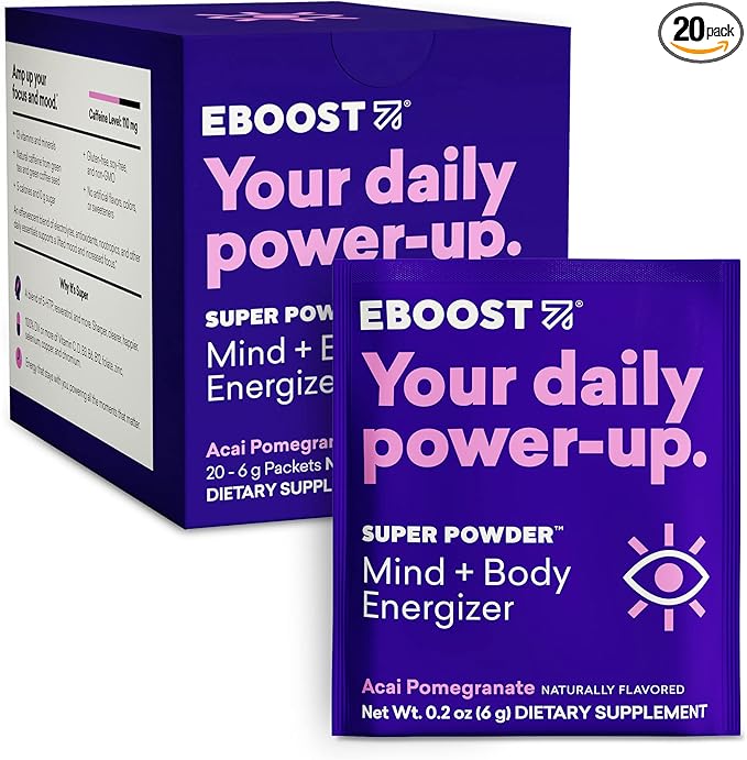 EBOOST SUPER POWDER Drink Mix - Acai Pomegranate 0.2 oz 20 Pack Hydration Energizer Electrolytes Powder - 13 Vitamins &amp Minerals - 110 mg Caffeine - 0 Added Sugar - No Artificial Flavors or Sweete