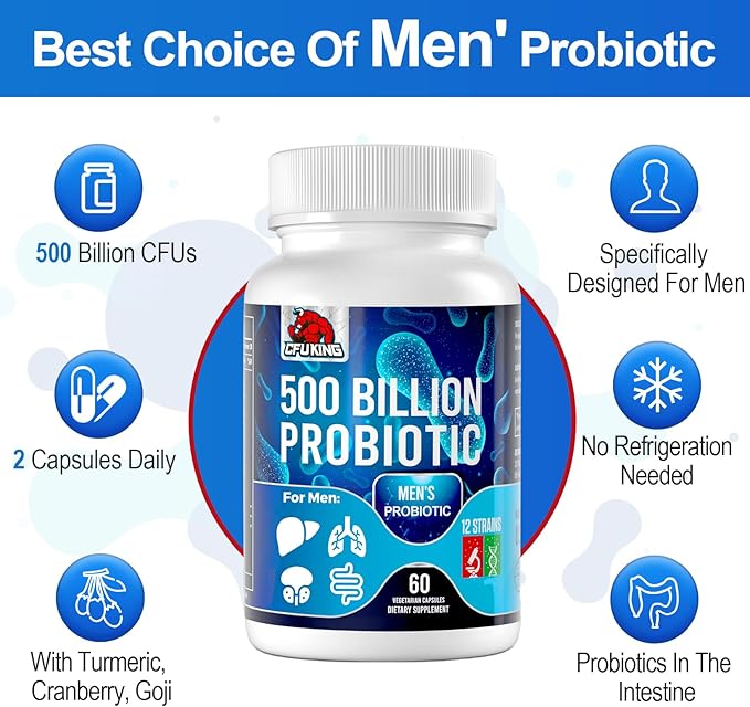 Probiotics for Men 500 Billion CFU &amp 12 Mens Probiotic for Digestive Health + 4 Organic Prebiotic Fiber for Digestive Gut Immune Health Bloating Gas Energy Support Shelf Stable - 60 Capsul