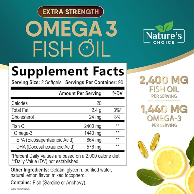Omega 3 Fish Oil Supplements - 2400mg Fish Oil Per Serving - Triple Strength Omega-3 with Fatty Acids EPA &amp DHA - Natural Heart Brain &amp Immune Support - Wild Caught Bottled in USA - 180 Soft