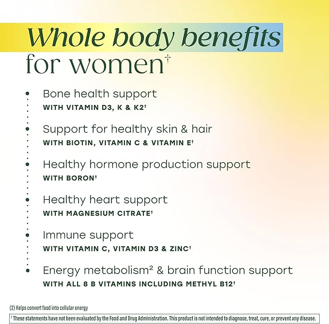 MegaFood Whole Body Womens Multivitamin - Multivitamin for Women - Vitamin D3 K2 Magnesium Citrate Folate Biotin Iron - Brain Heart Skin &amp Hair &amp Immune Support - 60 Capsules 30 Serving