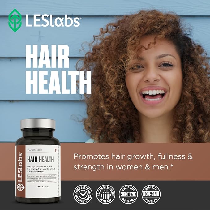 LES Labs Hair Health – Hair Growth &amp Nails Supplement Improved Thickness Strength &amp Fullness – Keratin Biotin Pumpkin Seed &amp MSM – 60 Capsules