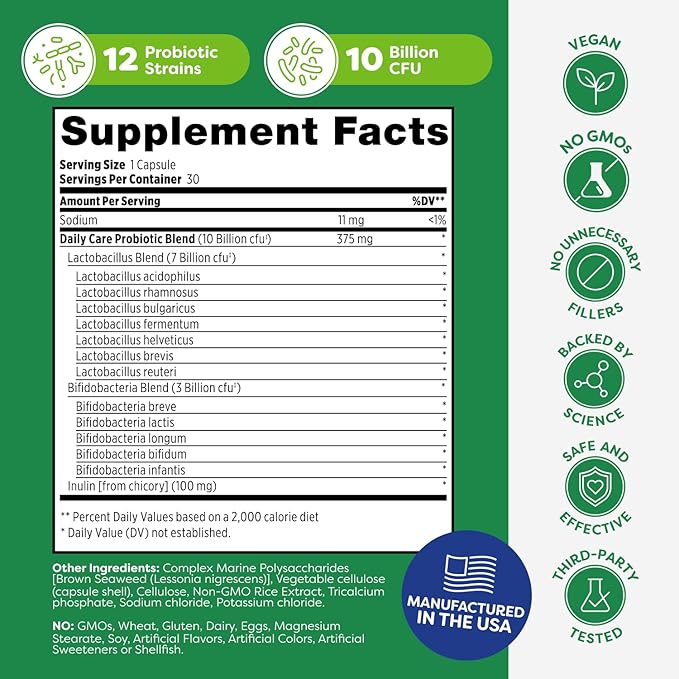 Probulin Daily Care Probiotic Supplement Digestive Gut and Immune Health Support Capsules for Men and Women 10 Billion CFU Vegan 30 Count Bottle