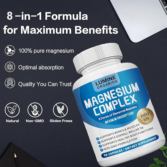 2PCSLumine Organics Magnesium Complex Supplement 1000mg - Advanced 8-in-1 Magnesium Blend - Glycinate Citrate Malate Taurate etc.– High Absorption Formula – Non-GMO 90 Capsules (2)