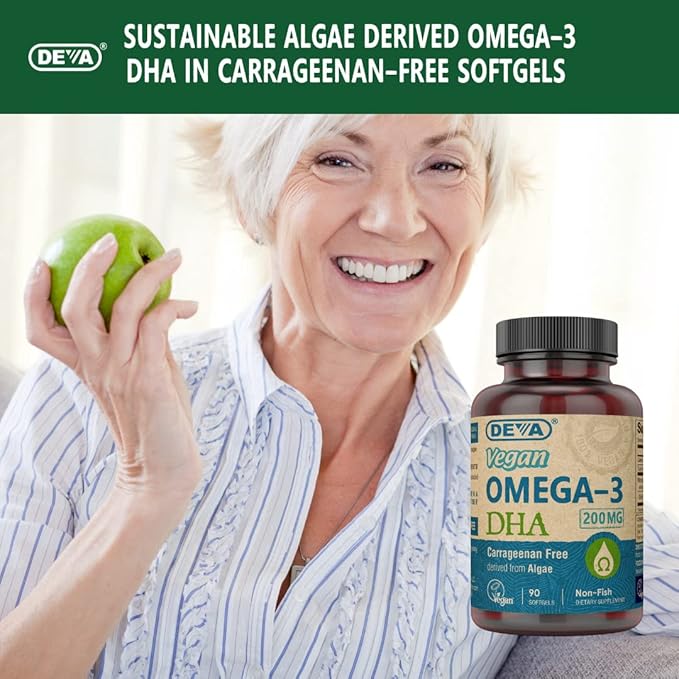 Deva Vegan Omega-3 DHA Supplement - Once-Per-Day Softgels 200 MG - Carrageenan Free - Gelatin Free - Non-Fish - Algae Oil Omega-3 Fatty Acids - 90 Softgels