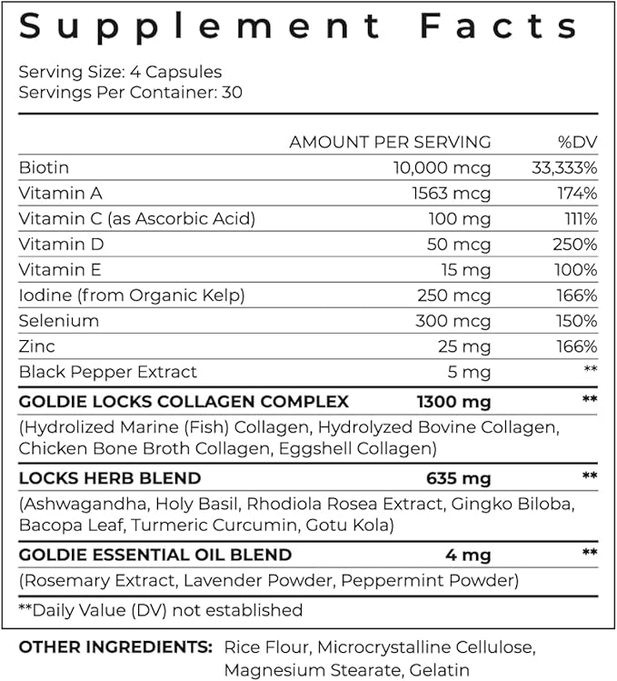 Goldie Locks Hair Growth Supplements Refill - Original Formula - Supports Hair Skin Nails &amp Joints - with Biotin Multi-Collagen Zinc &amp Adaptogenic Herbs - Daily Beauty Supplement - 120 Cou