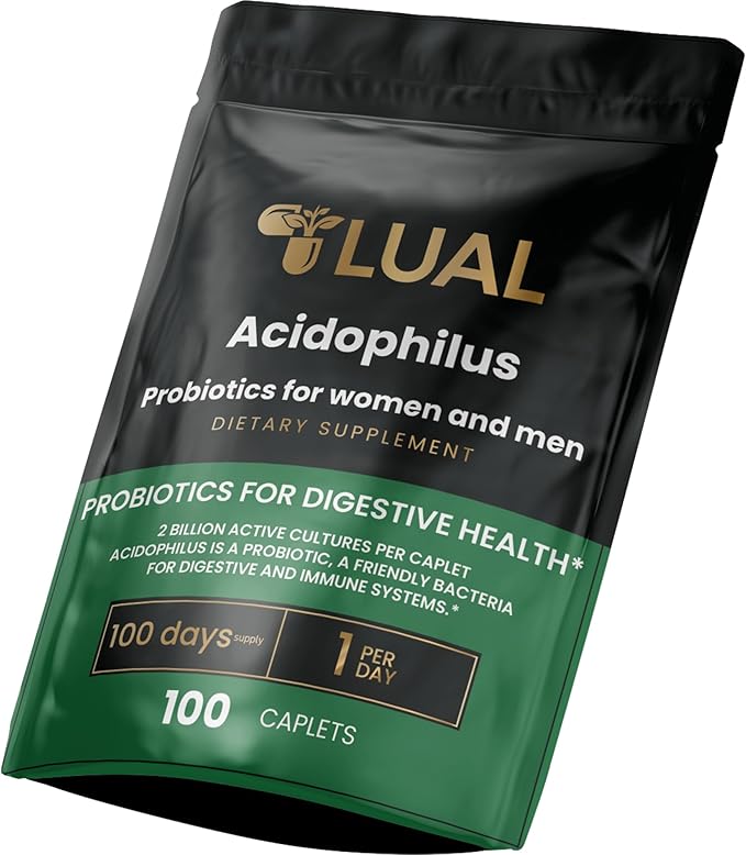 LUAL Acidophilus Probiotics for Women &amp Men – 2 Billion CFU per Caplet. Supports Digestive &amp Immune Health. Gluten-Free Non-GMO – 100 Caplets – 100 Days Supply – 1 Per Day