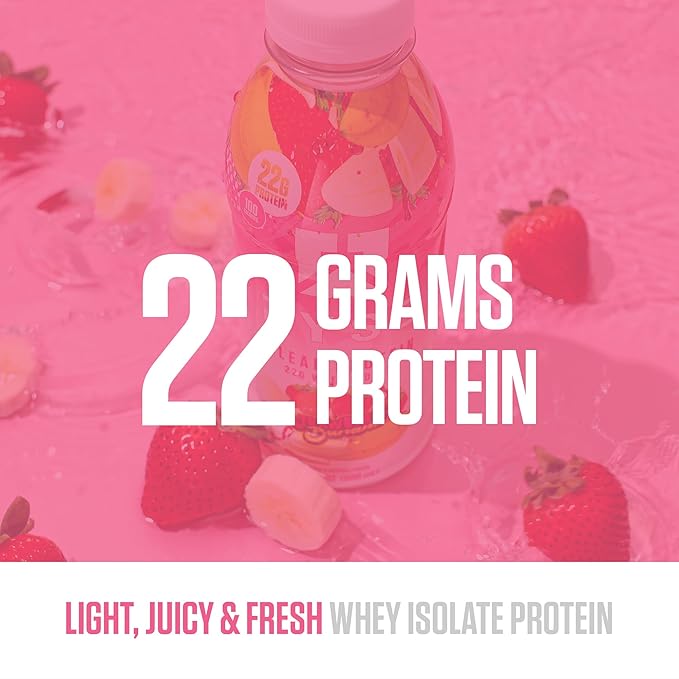 RYSE Clear Protein Drink - Strawberry Banana - 100 Calories 22g Whey Isolate Protein Shake Sugar-Free 0g Fat &amp Lactose-Free - Refreshing Ready-to-Drink Beverage - 16.9 fl oz Bottles (12-Pack)
