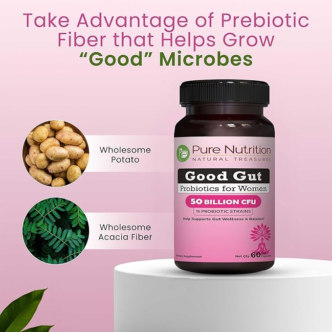 Pure Nutrition Good Gut Women's Probiotics 50 Billion CFU 16 Strains | 60 Caps | Probiotics for Women with Organic Prebiotic Blend | Once Daily | Non GMO | Gluten Free
