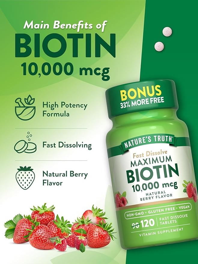 Nature's Truth Biotin 10000 Mcg Fast Dissolve Tabs Natural Berry Flavor 120 Count (Pack of 3)