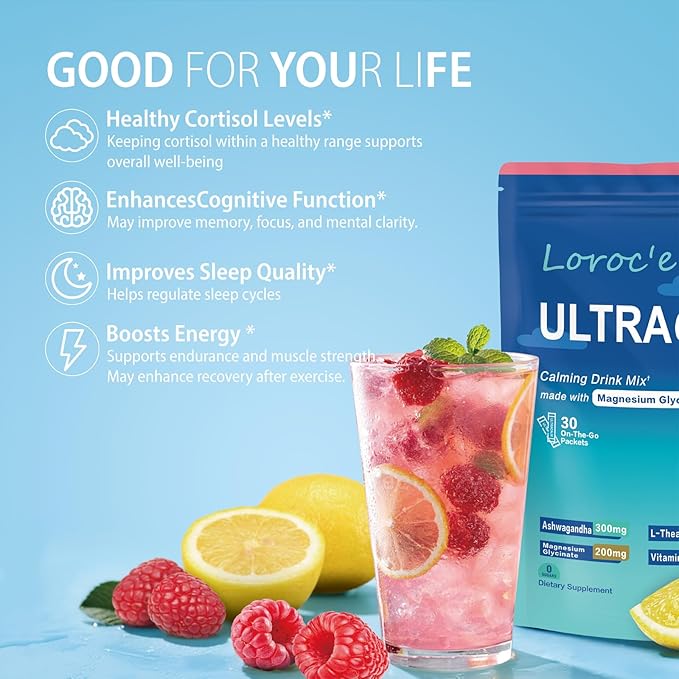 UltraCalm Super Cortisol Drink with Magnesium Glycinate Ashwagandha L-Theanine Vitamin D3 Magnesium Powder for Sleep &amp Stress Relief Raspberry Lemonade (30 Servings)