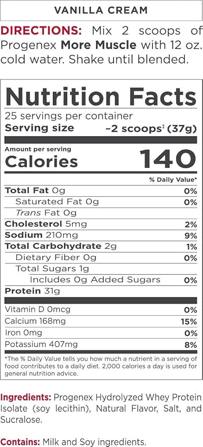 Progenex® More Muscle | No Added Sugar Hydrolyzed Whey Protein Isolate Powder for Lean Muscle Gain. Best Tasting Low Carb High Protein Shake for Women &amp Men. 25 Servings (Vanilla Cream)