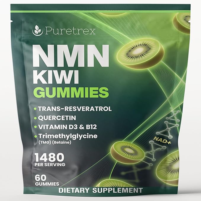 NMN 500mg + Trans-Resveratrol 200mg Kiwi Gummies with TMG Quercetin Piperine Vitamin D3 &amp B12 1480 mg Complex Cellular Health* Longevity* &amp Energy Support* 60 Vegan Gummies