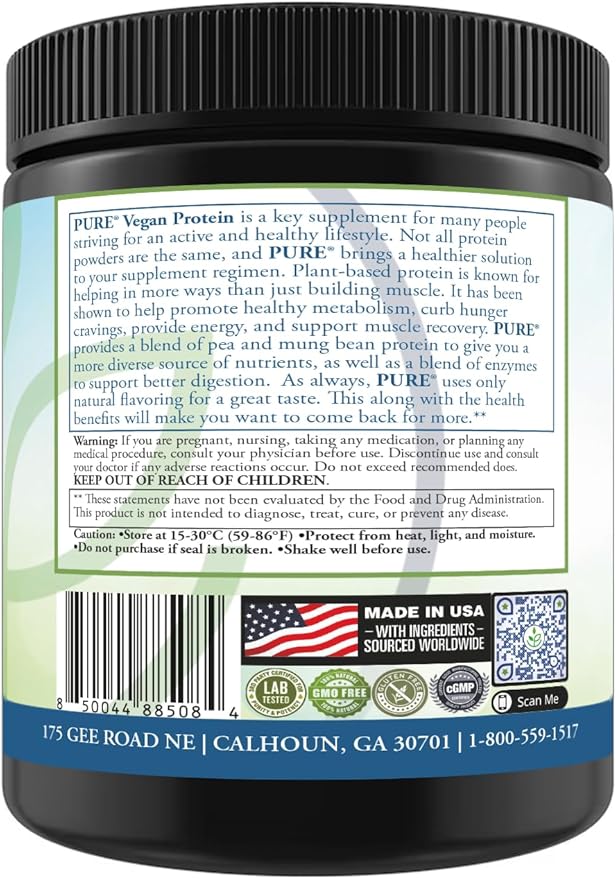 PURE® Vegan Protein Powder - 25g Plant Based Protein 15 Servings - Pea &amp Mung Bean Blend with Digestive Enzymes - Dairy-Free - Muscle Recovery &amp Appetite Control - Vanilla 495 Grams