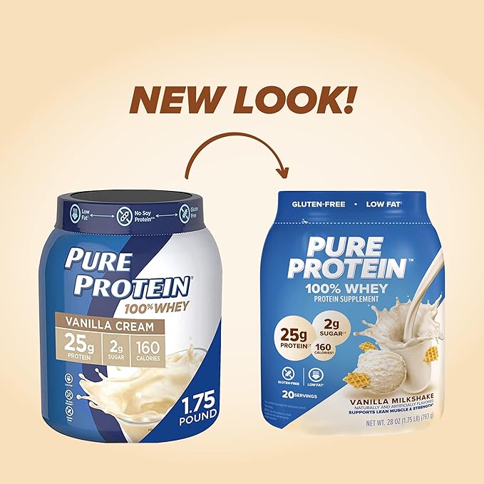Pure Protein Powder Whey High Protein Low Sugar Gluten Free Vanilla Cream 1.75 lbs &amp Bars High Protein Nutritious Snacks to Support Energy Low Sugar Gluten Free
