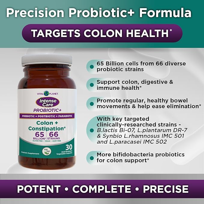 Vital Planet - Intense Care Colon &amp Constipation Probiotics Prebiotics Postbiotics Parabiotics 4-in-1 Refrigerated Supplement for Adults 65 Billion CFU 66 Strains Digestive and Immune 30 c