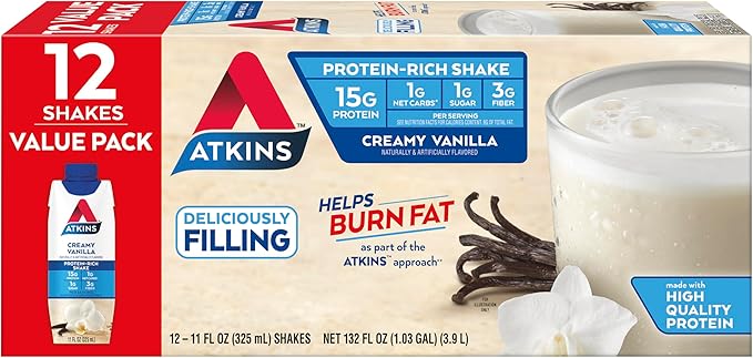 Atkins Creamy Vanilla Protein Shake 15g Protein Low Glycemic 2g Net Carb 1g Sugar Keto Friendly 12 Count &amp Mocha Latte Iced Coffee Protein Shake 15g Protein Low Glycemic 4g Net Carb 1g S
