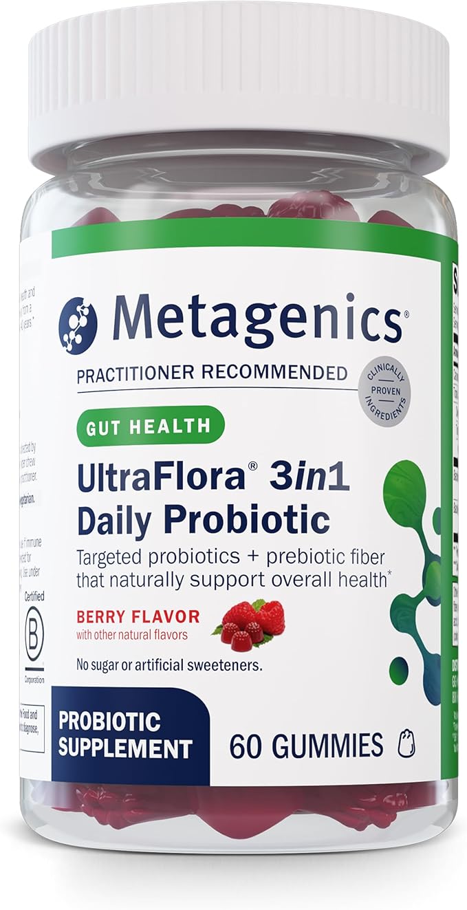 Metagenics UltraFlora 3 in 1 Daily Probiotic &amp Postbiotic Gummies - Shelf-Stable for Adults &amp Kids - Supports Gut Health Healthy Gut Flora &amp Immune Support* - 60 Gummies