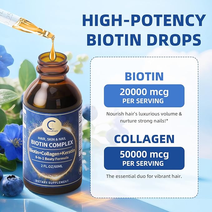 Liquid Biotin &amp Collagen Drops 20000mcg--High Potency Hair Growth Vitamin Support - Biotin and Liquid Collagen Supplement for Women &amp Men - Glowing Skin Support Healthy Hair &amp Nail Growt
