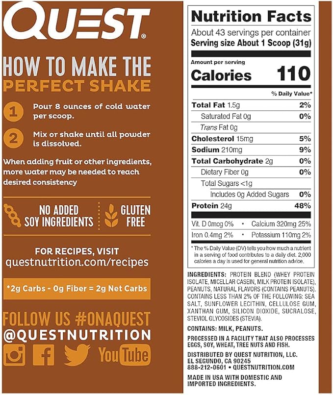 Quest Nutrition Chocolate Milkshake Protein Powder 22g Protein 1g Sugar Low Carb Gluten Free 3 Pound 43 Servings &amp Peanut Butter Protein Powder 23g Protein 1g Sugar Low Carb Gluten Free