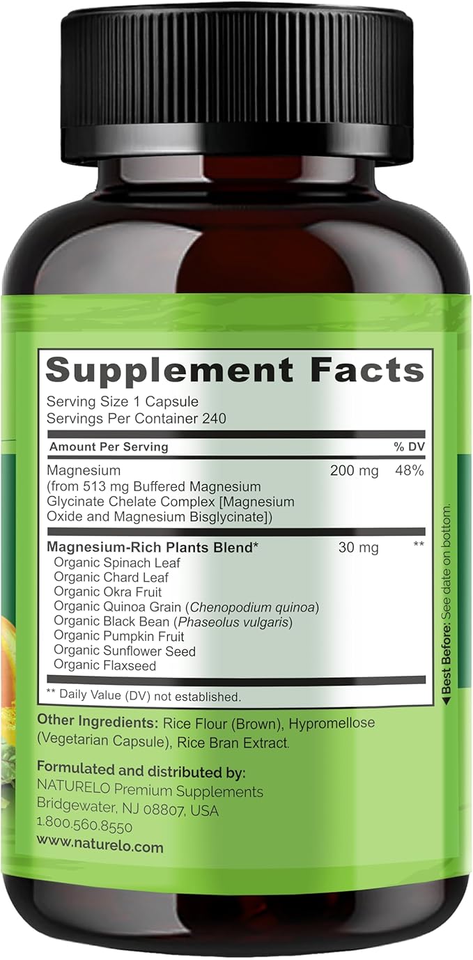 NATURELO Magnesium Glycinate Chelate Complex - 200 mg Magnesium with Organic Vegetables to Support Sleep Calm Muscle Cramp &amp Stress Relief - Gluten Free Non GMO - 240 Capsules