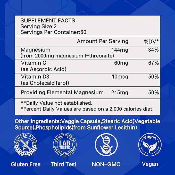 Magnesium L-threonate Supplement 2000mgMagnesium Threonate with Vitamin C &amp Vitamin D3High-AbsorptionMax PotencySupport ClarityZzz &ampImmuneNon-GMO &amp Gluten Free120 Capsules (Pack of