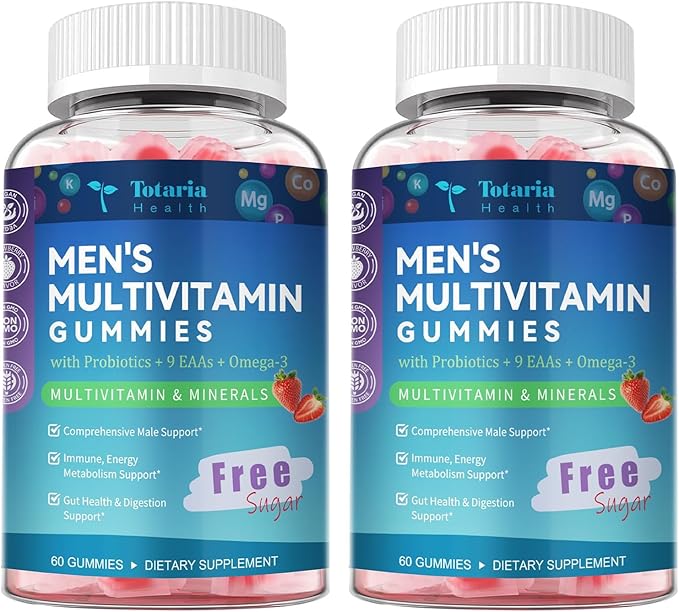 Totaria 2 Packs Sugar Free Multivitamin for Men with Omega 3 Probiotics Mens Multivitamins Gummies w/Methylated B Complex BCAA Lycopene Zinc for Daily Energy Immune Heart Iron Free